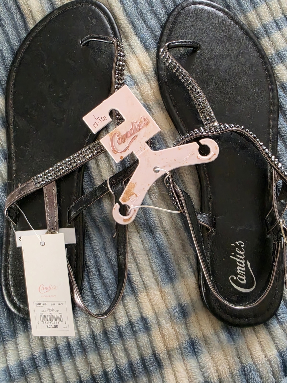 Candie's Black Rhinestone T-Strap Flat Sandals